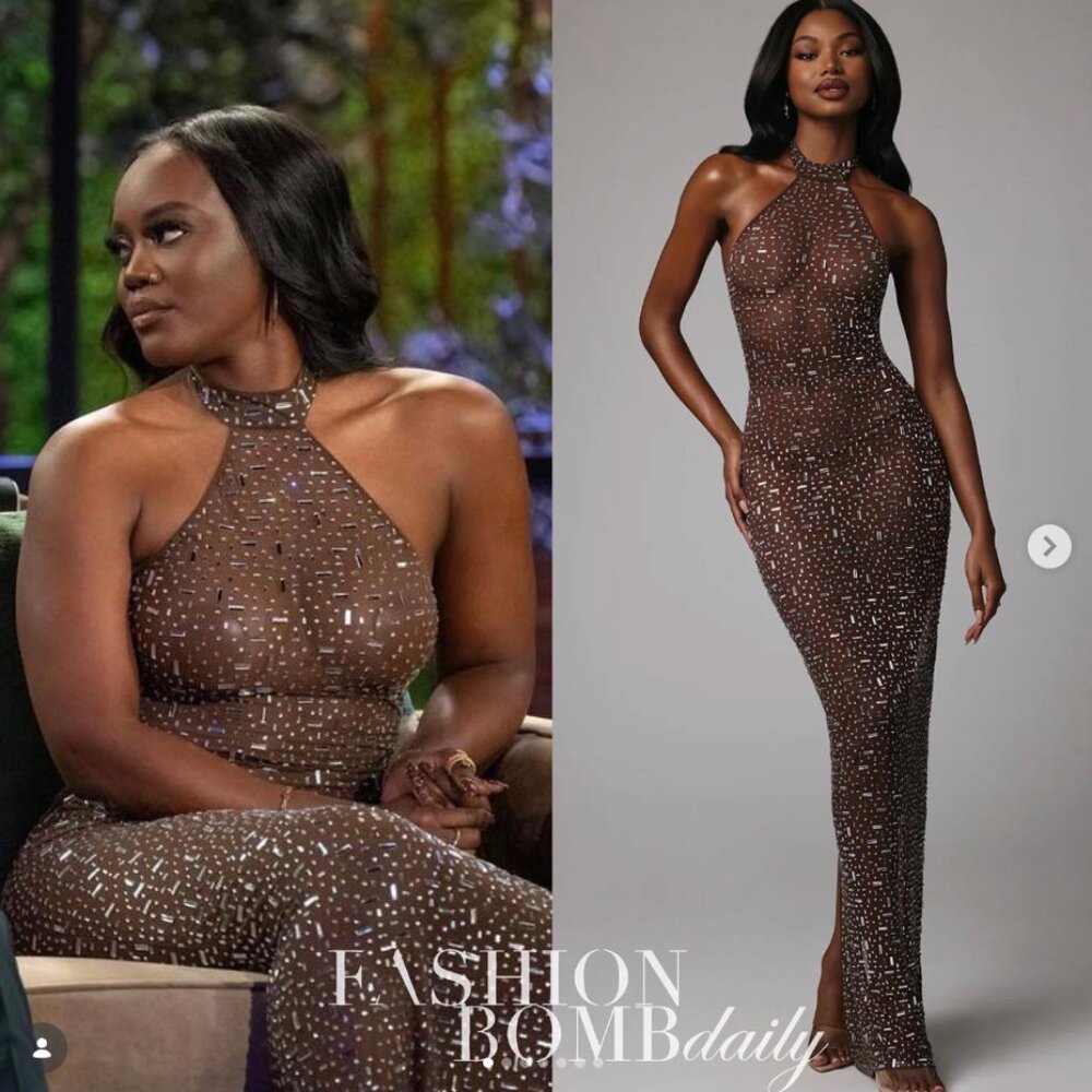 Oh Polly Brown Crystal-Embellished Halter Maxi Dress